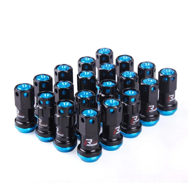 Set of aluminium alloy flat head wheel hub nuts in various colours including red, gold, blue, purple, and black.