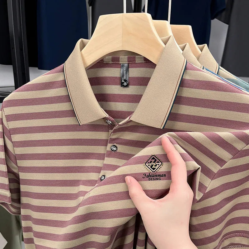 Men's striped casual short sleeve T-shirt in polyester showing mosaic pattern detail.