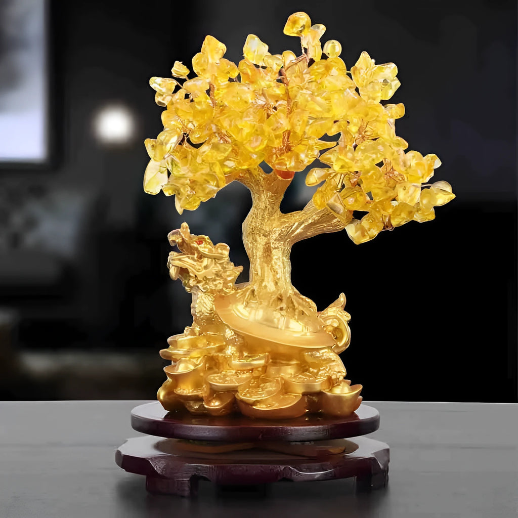 Citrine resin Feng Shui money tree ornament with water turtle design measuring 18cm tall