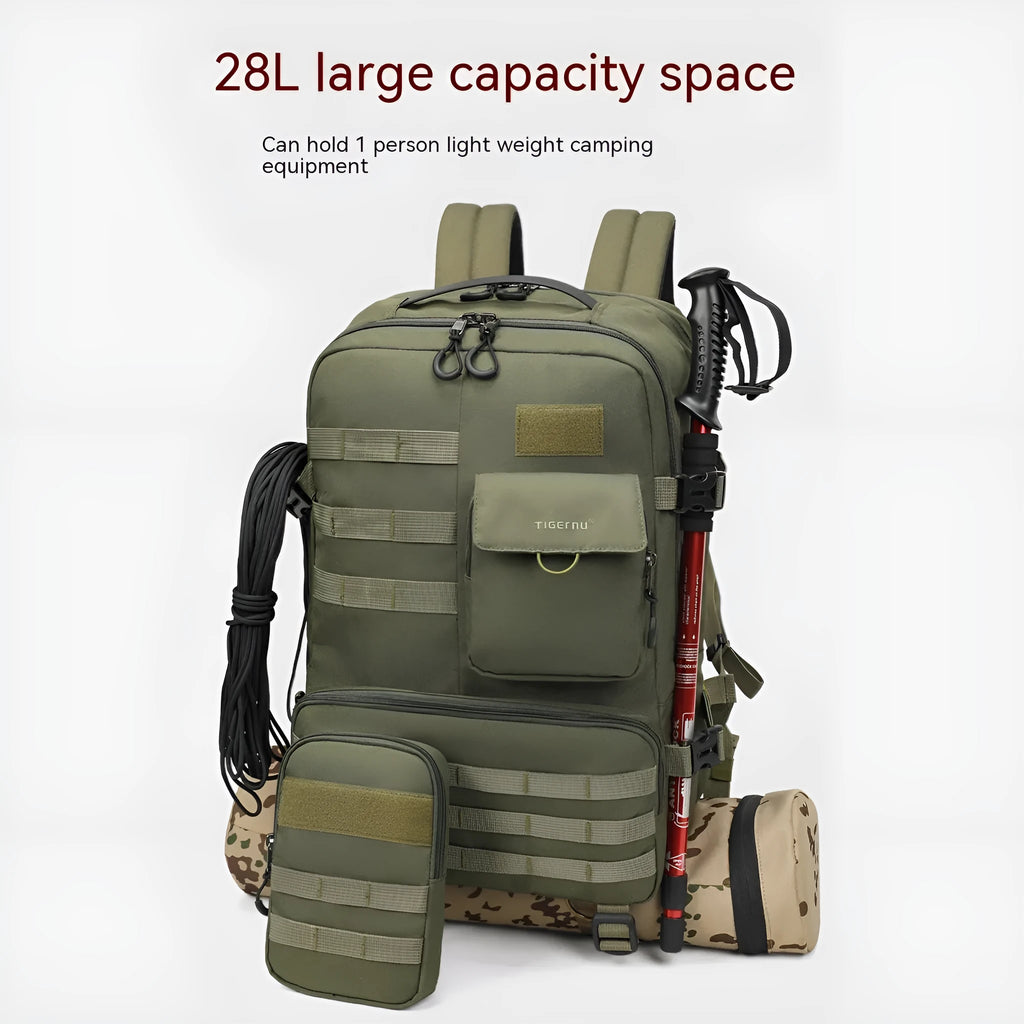 Army Green waterproof tactical backpack with 17-inch frame showing 20-35L capacity