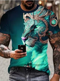 Men's grey T-shirt featuring a large, detailed 3D printed fierce lion graphic on the chest.
