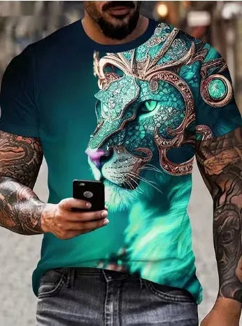 Men's grey T-shirt featuring a large, detailed 3D printed fierce lion graphic on the chest.