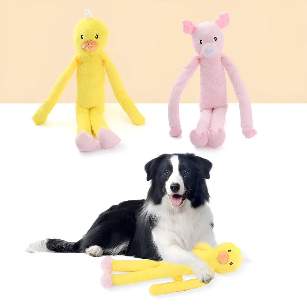 Plush Golden Retriever dog toy in pink or yellow with a crinkly paper sound feature.