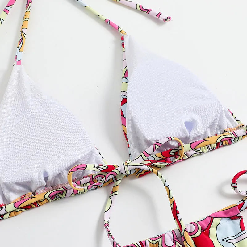 Women's triangle printed bikini set with hanging neck design in multicolor pattern