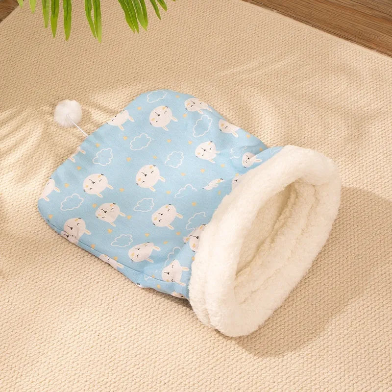 Flannel cat sleeping bag pet nest in pink or blue design measuring 50 by 40 centimetres