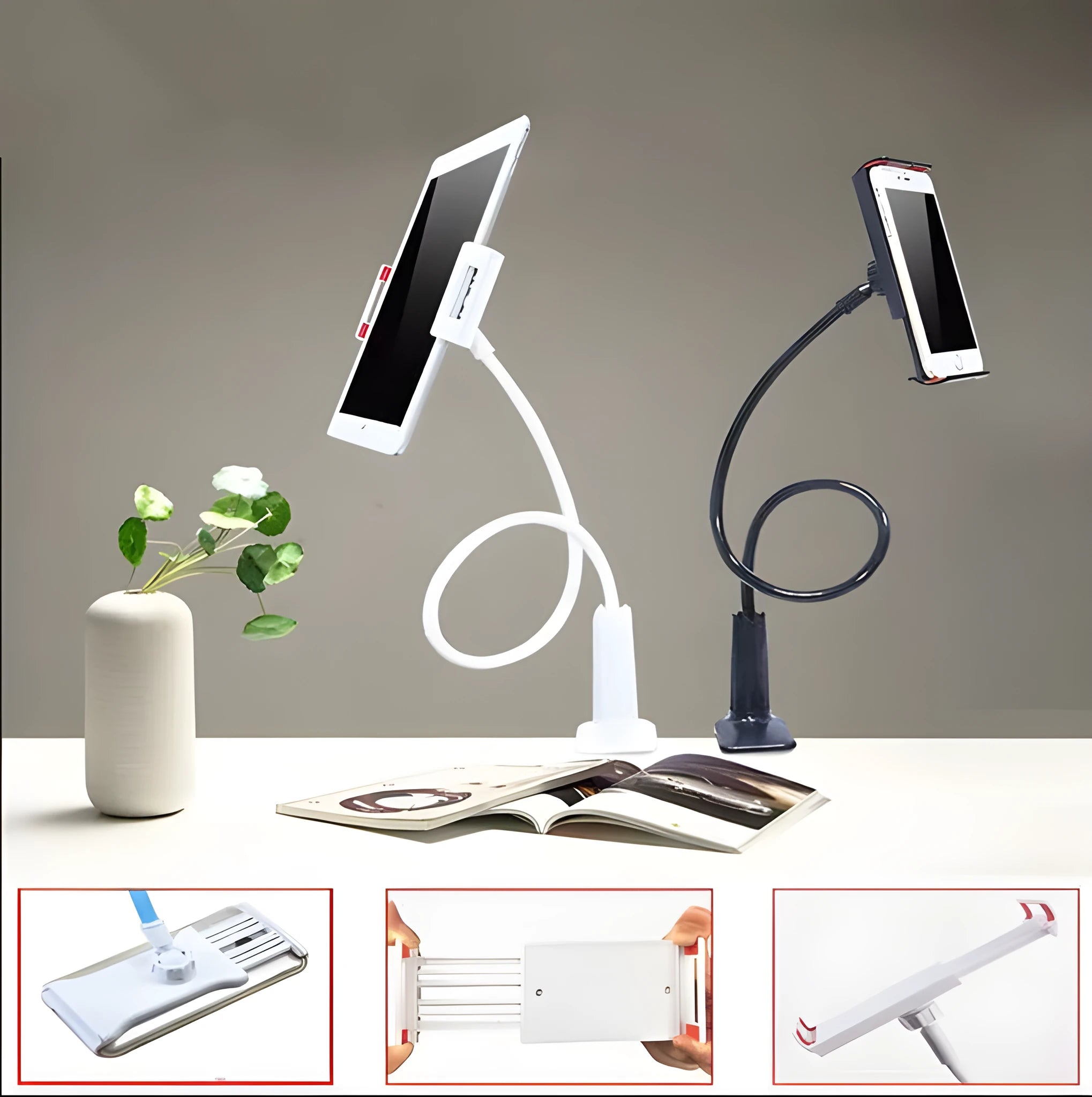Bedside oversize flat panel mobile phone holder with long flexible arm in various colour options