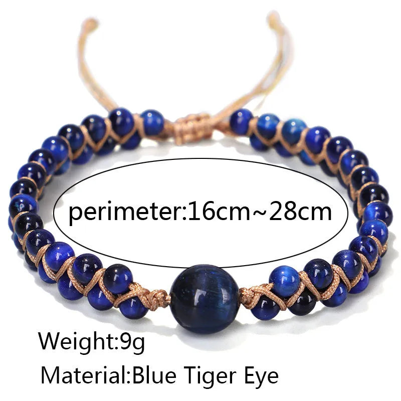 Handmade woven pull bracelet with geometric pattern and gemstone beads in blue Tigereye or Amethyst