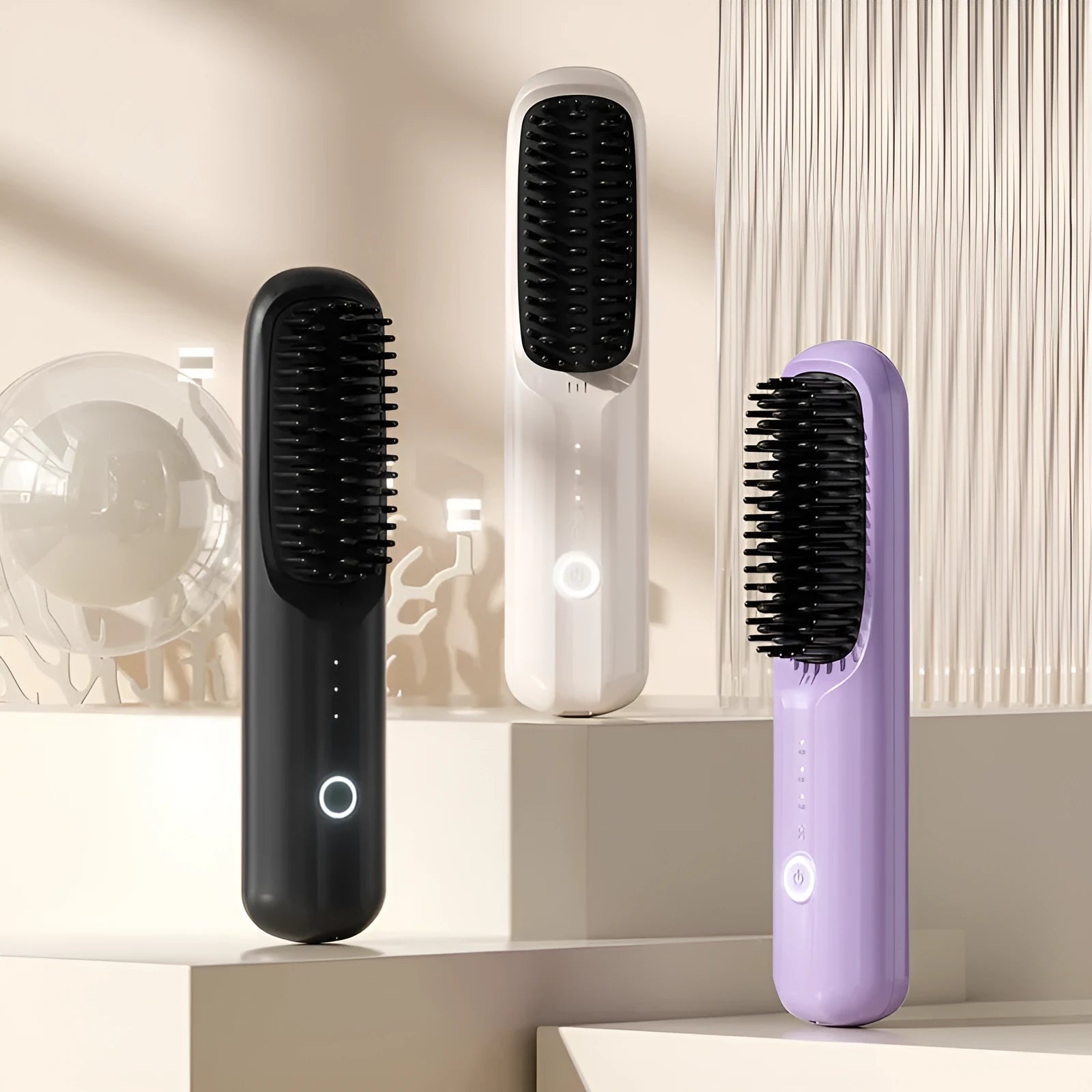Wireless hair straightening comb in beige white colour with negative ion technology and USB-C charging port