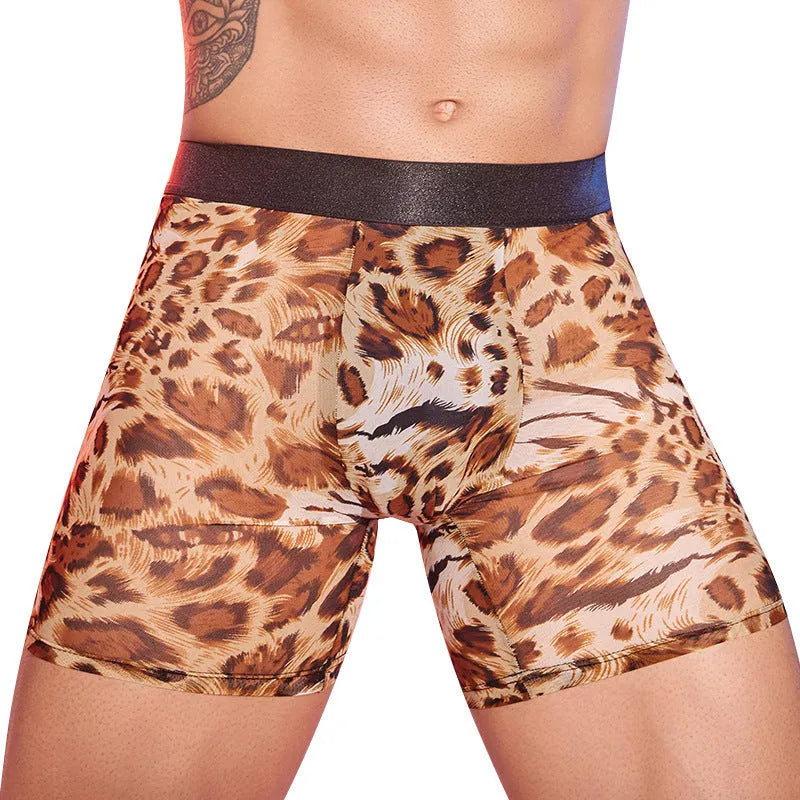 Men's leopard print boxer shorts in nylon fabric with elasticated waist