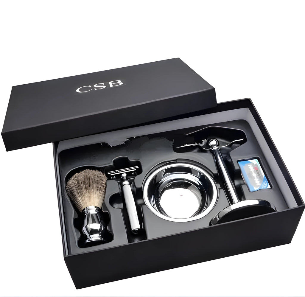 CSB double edge safety razor shaving kit with badger hair brush, chrome stand and zinc alloy bowl