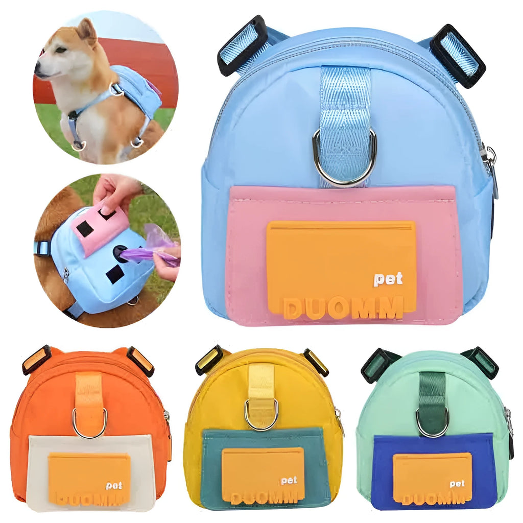 Blue dog backpack with harness and storage compartment for snacks during outdoor activities