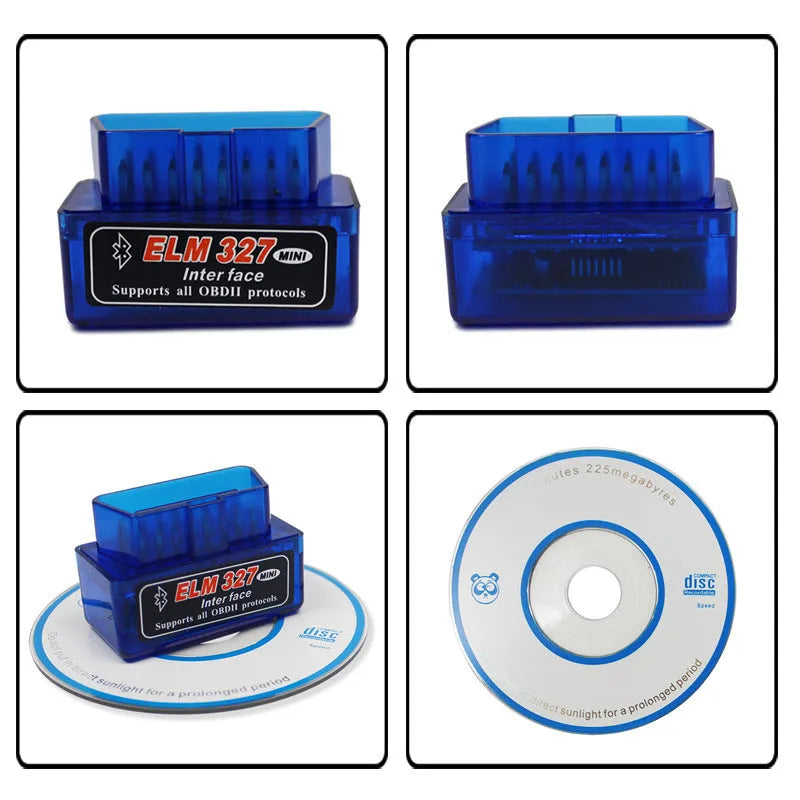 Small blue ELM327 Bluetooth OBD2 diagnostic scanner for reading car engine fault codes