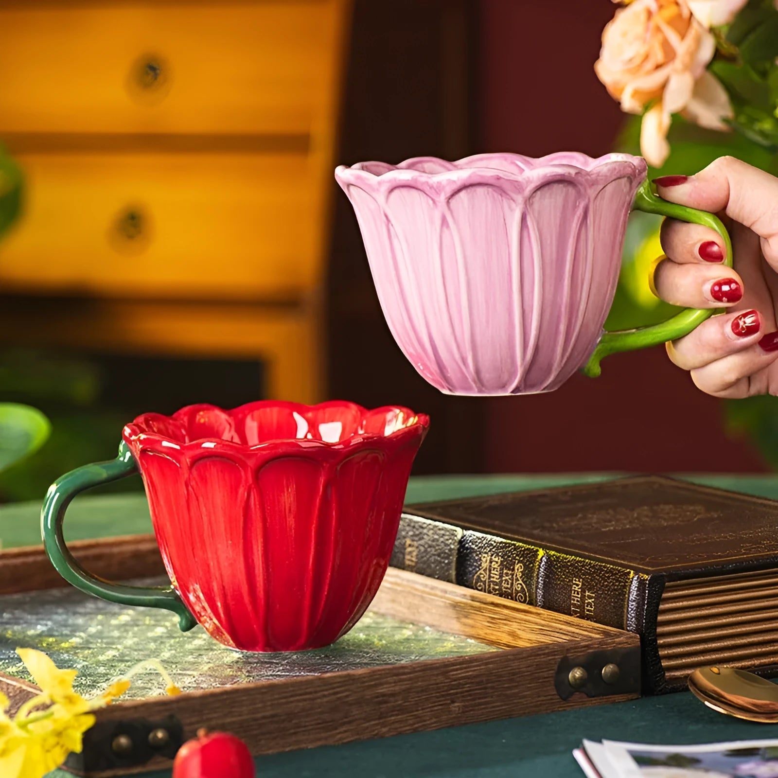 Ceramic breakfast cup with floral pastoral pattern showing 500ml capacity and red or purple colour options