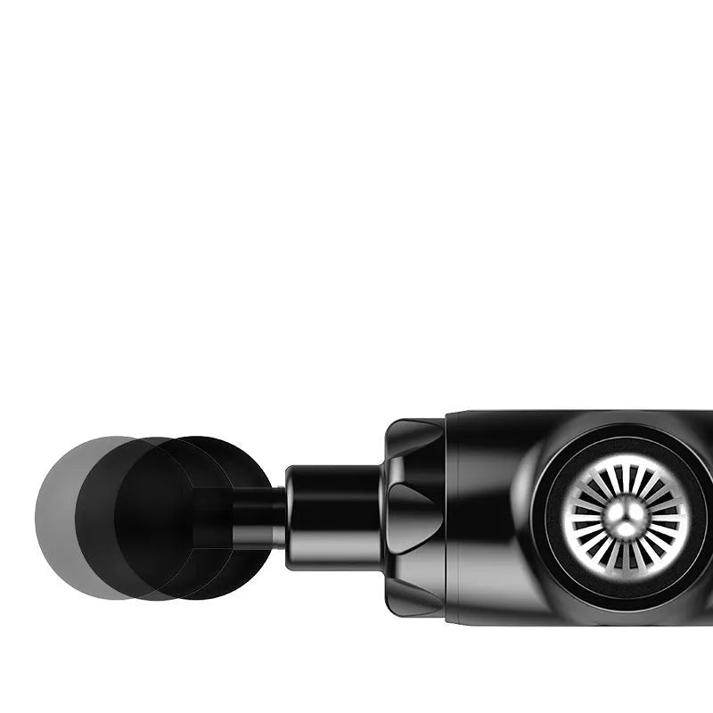 Black and white electric percussion massage gun for muscle relaxation on a grey background.