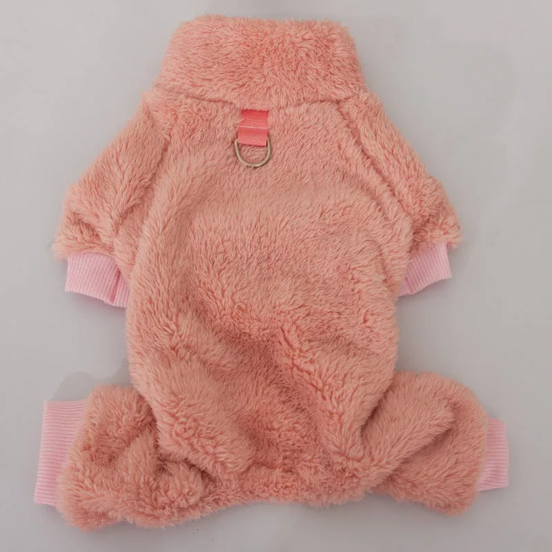 Four-legged thick plush dog clothes with high collar and towing ring in blue colour