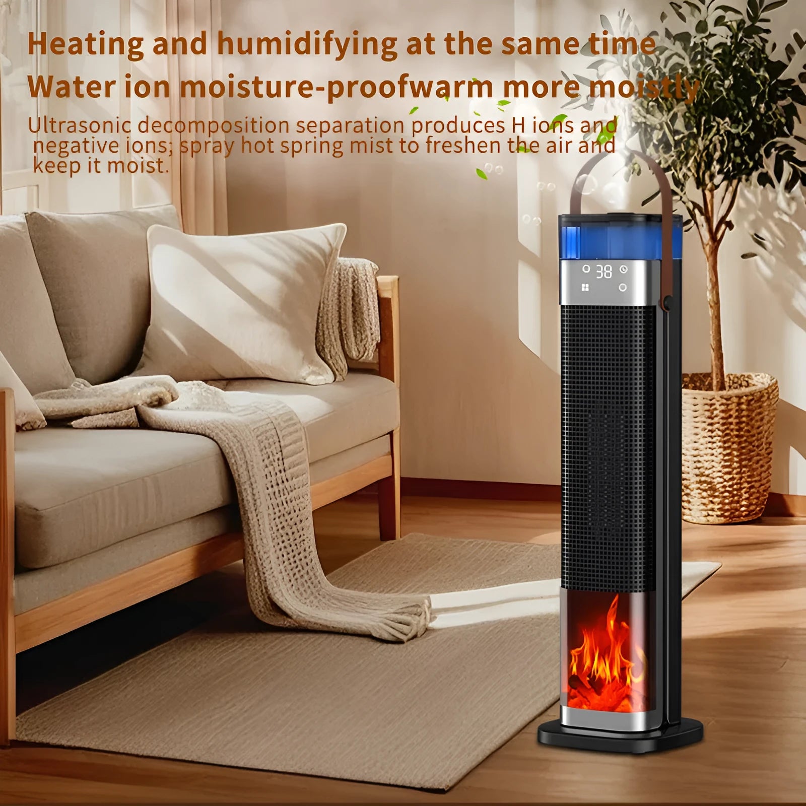 Tall, slim vertical heater with humidifier and remote control on a wooden floor.