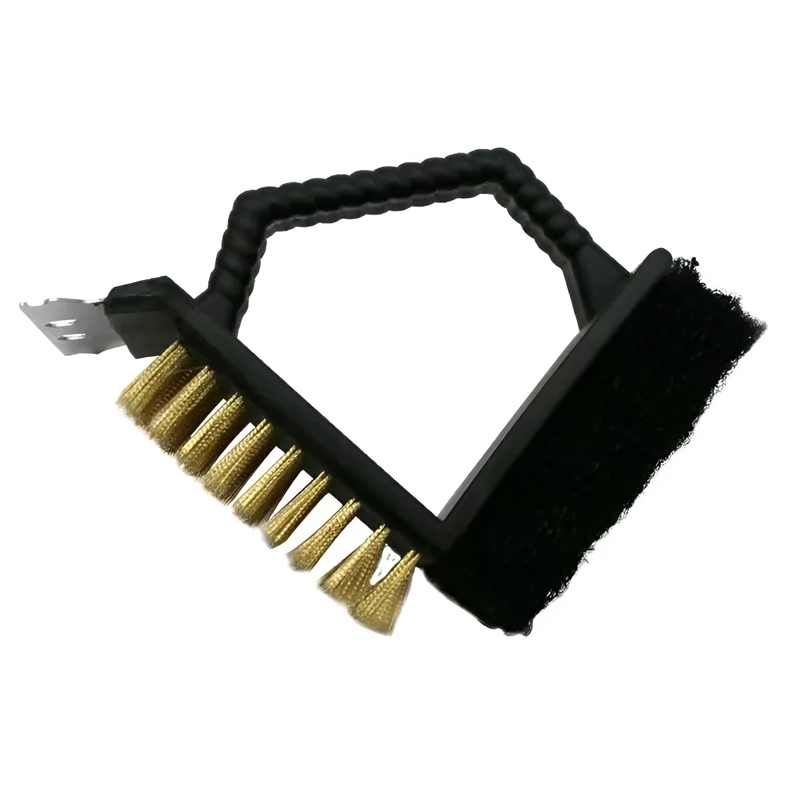 Triangular-headed barbecue cleaning brush with steel wire bristles and a black PP plastic handle.