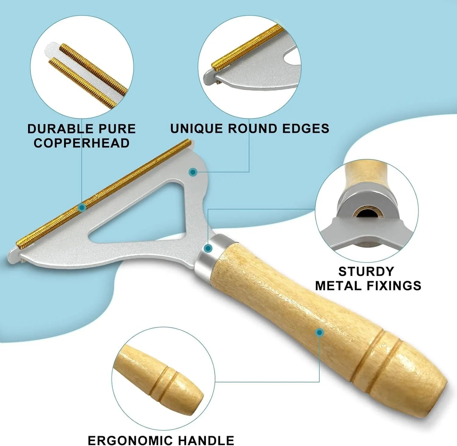 Three-piece pet hair remover set with metal tool, silicone brush, and round scraper on a beige fabric.