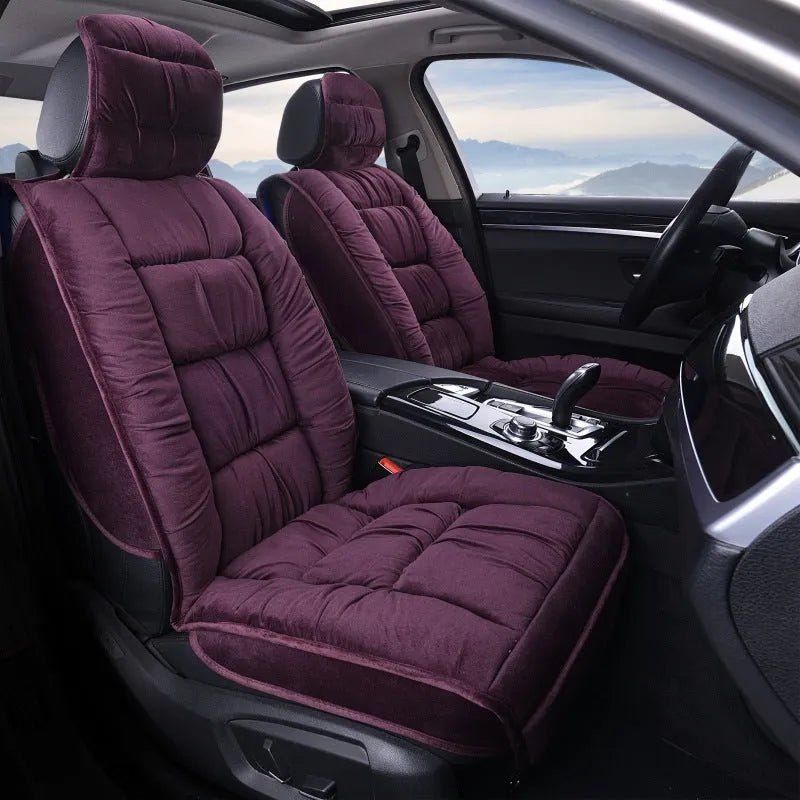 Short plush car seat cushion in grey on a car seat, showing wool cotton filling and polyester cover.