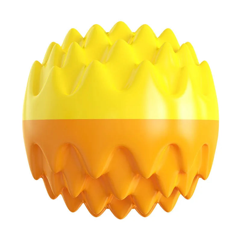 Blue and orange squeaky dog ball toy with spiky texture for dental cleaning