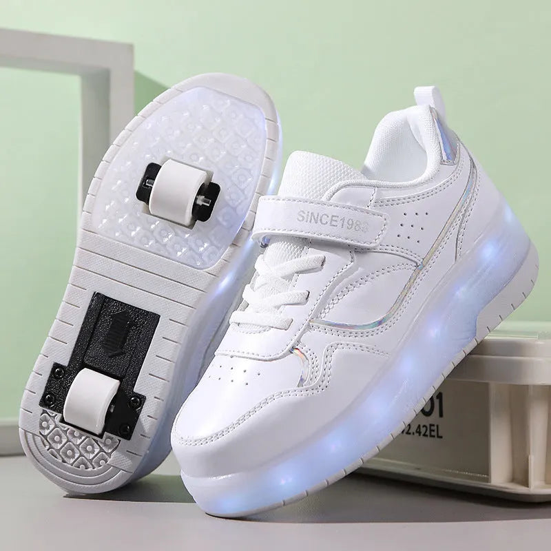 Charging flash rollerskates with LED lights in pink, white, black or purple with two or four wheels