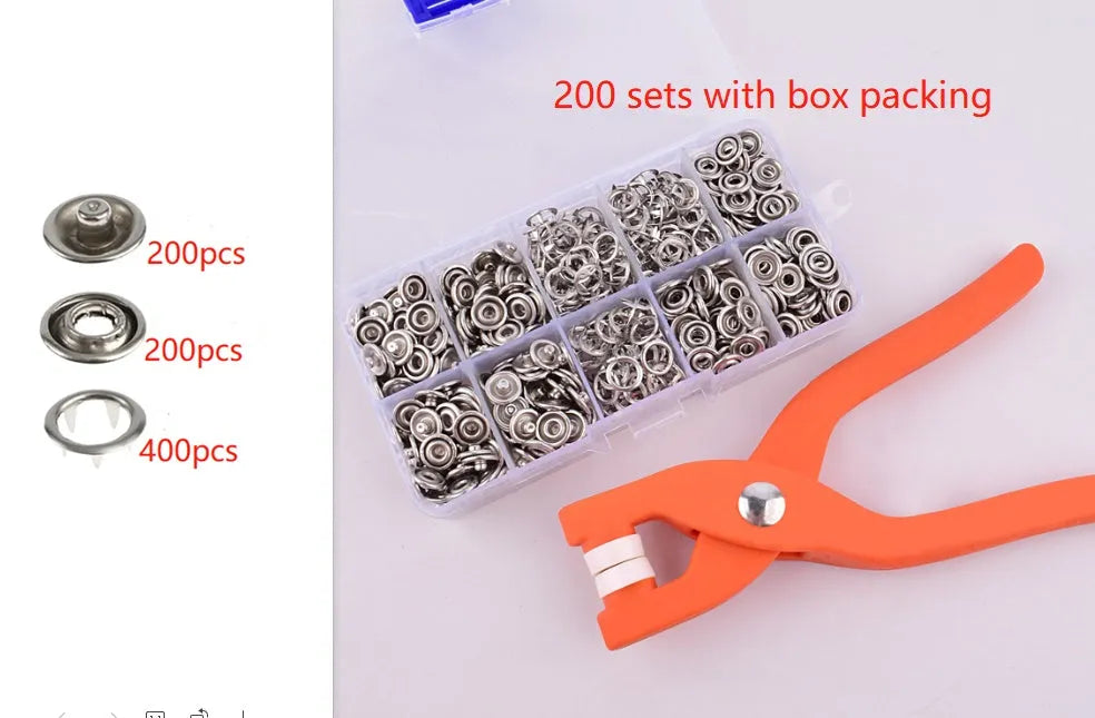 Five claw no-sew stainless steel button for children's clothing measuring 9.5mm with application pliers