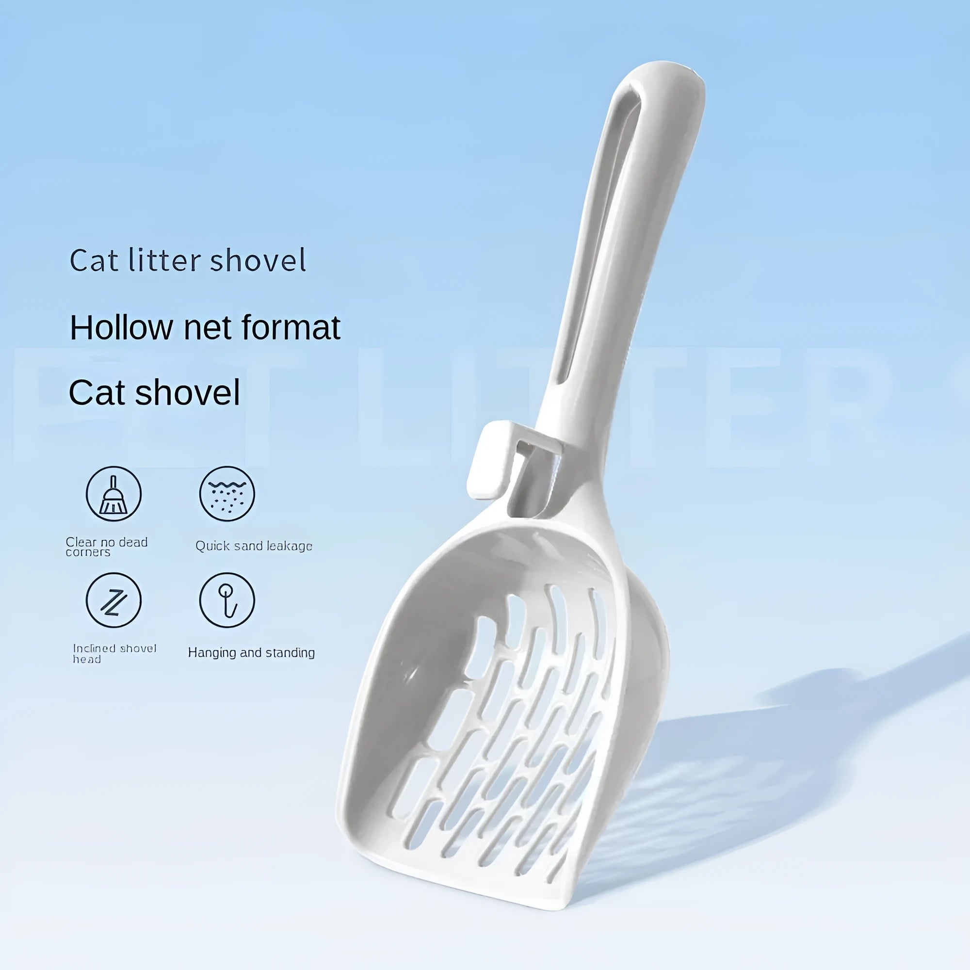 Grey plastic cat litter scoop resting on its matching comb-style base holder.