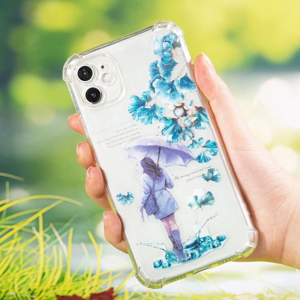 Six rolls of nature-themed decorative stickers showing gentle ginkgo, maple leaf, and blue fallen leaves colour variations