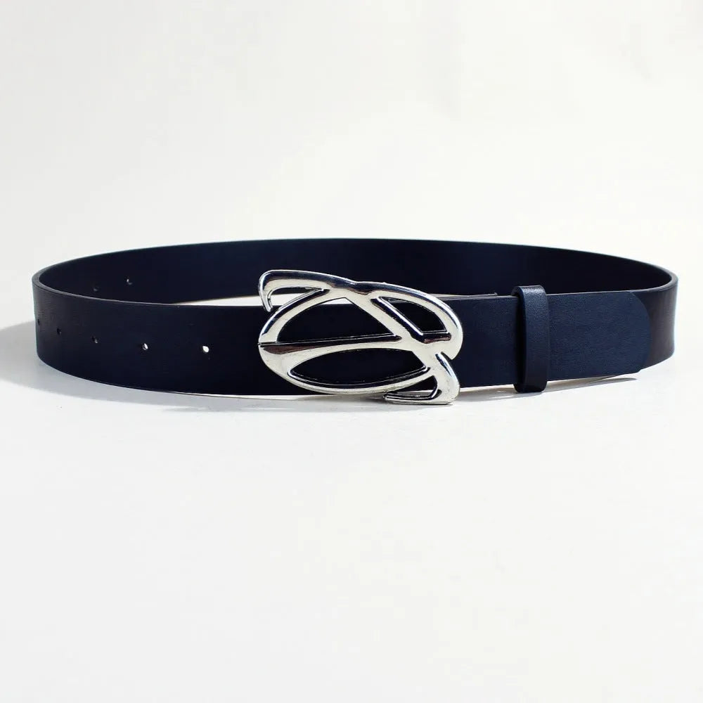 Men's silver buckle PU leather belt with snap button closure, 105cm length