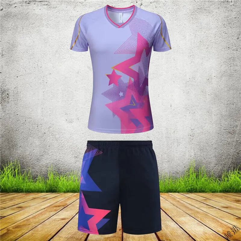 Men's and women's badminton competition sportswear set with short-sleeved polyester jacket and matching trousers.