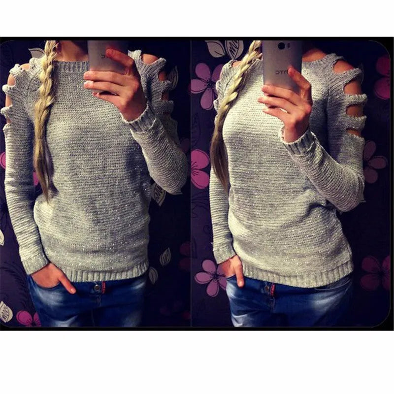 Women's white crocheted hollow-out knit shirt with round neck and long sleeves
