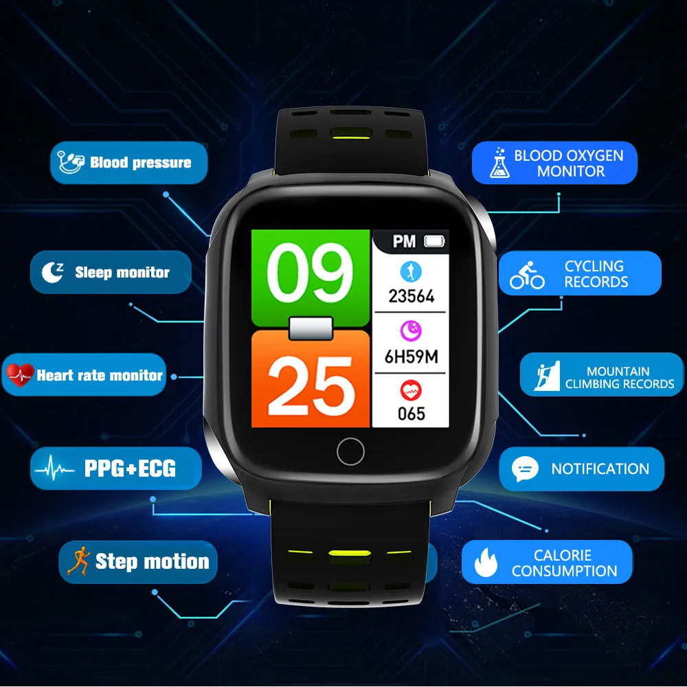 F16 Smart Watch with ECG monitor on a silicone strap, showing the 43mm IPS touchscreen display.