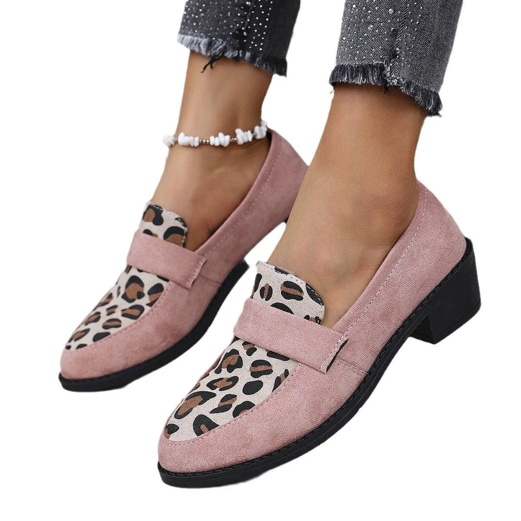 Leopard print suede casual pumps with chunky heel and pointed toe in three colour options