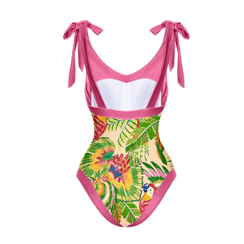 Women's pink floral print retro swimsuit with V-neck and matching skirt