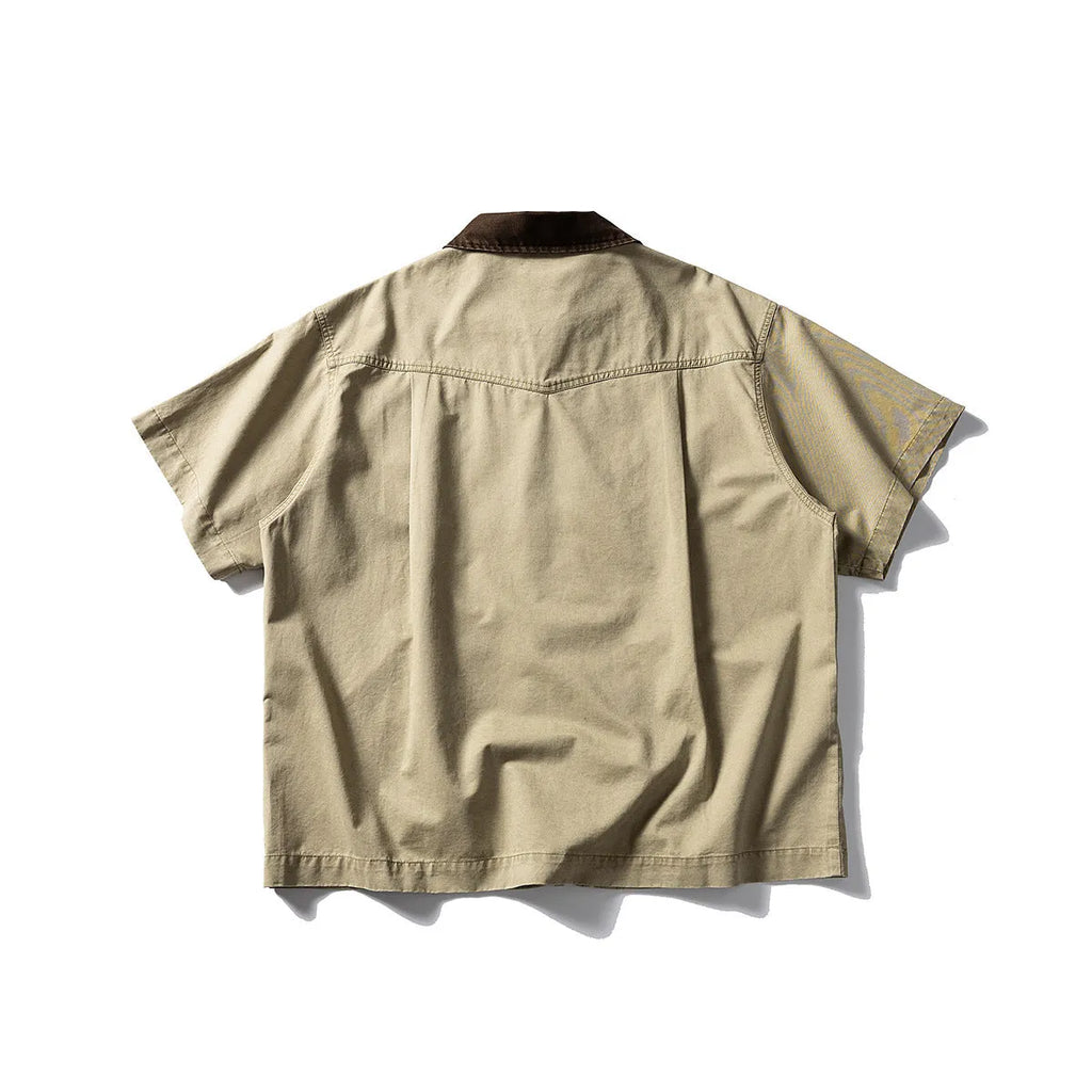 Washed cotton short sleeve overall shirt in loose fit cardigan style for teenage leisure wear