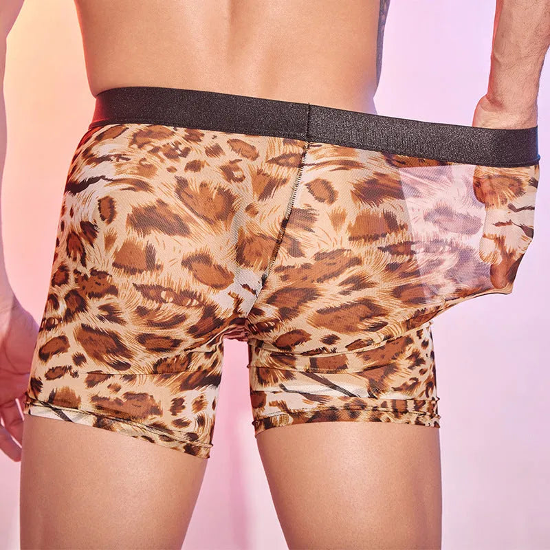 Men's leopard print boxer shorts in nylon fabric with elasticated waist