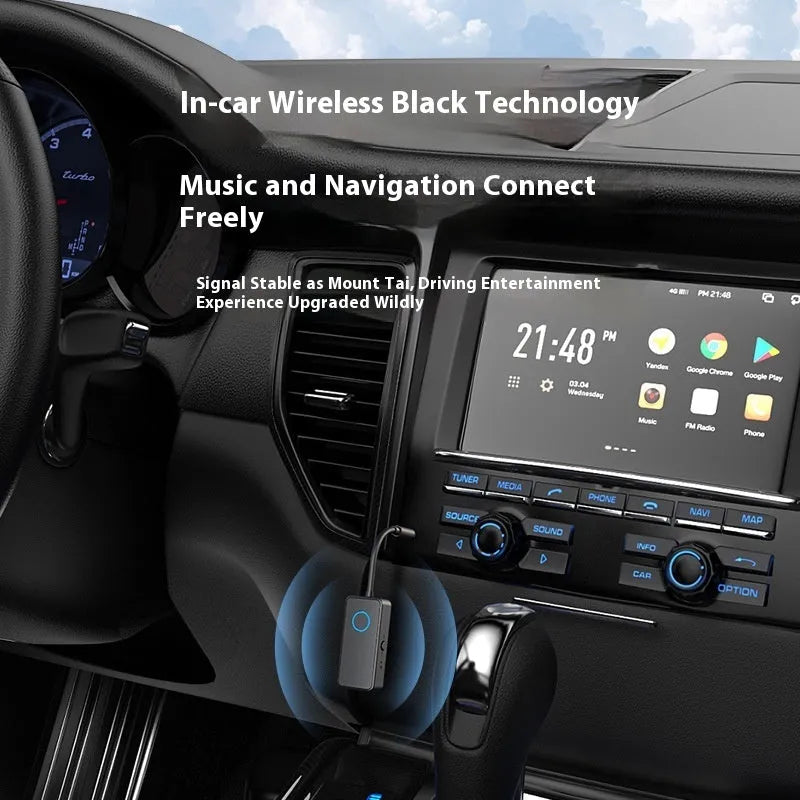 Black Bluetooth 5.4 audio adapter with flexible 3.5mm aux plug shown next to a mobile phone.