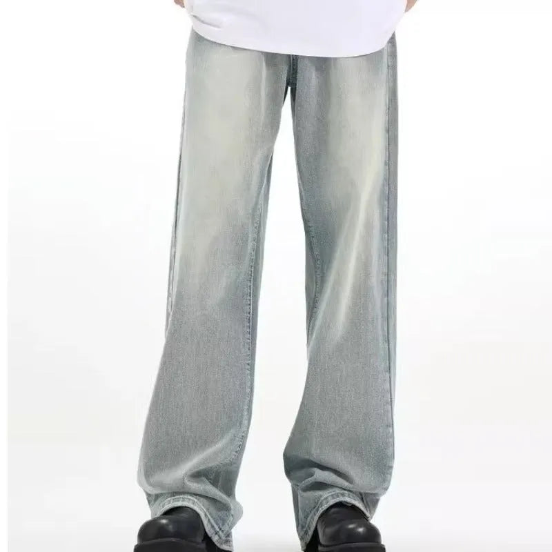 Blue retro casual trousers with loose fit and high elasticity rabbit fur fabric