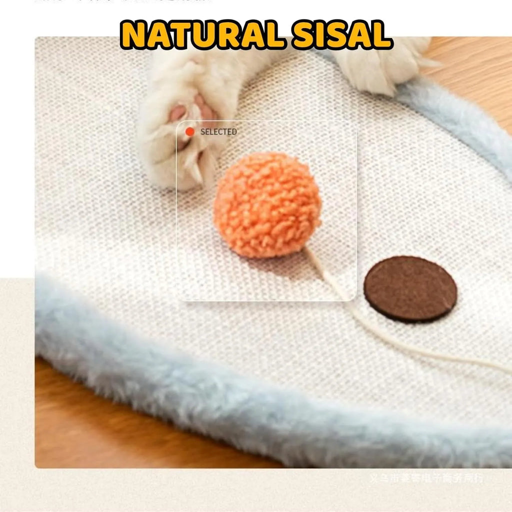White wall mounted cat scratching mat with sleeping cat pattern design in natural sisal material