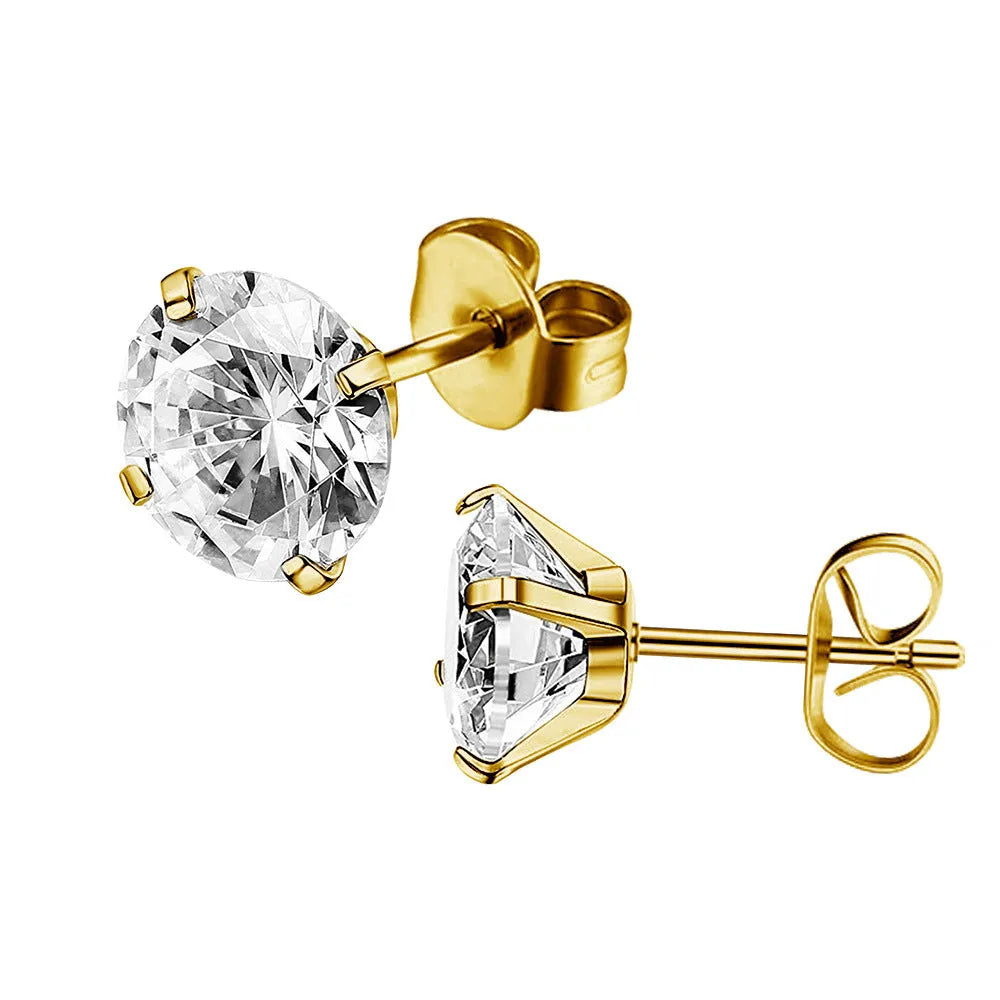 Titanium steel geometric square stud earrings with zircon detail in gold and steel colour options