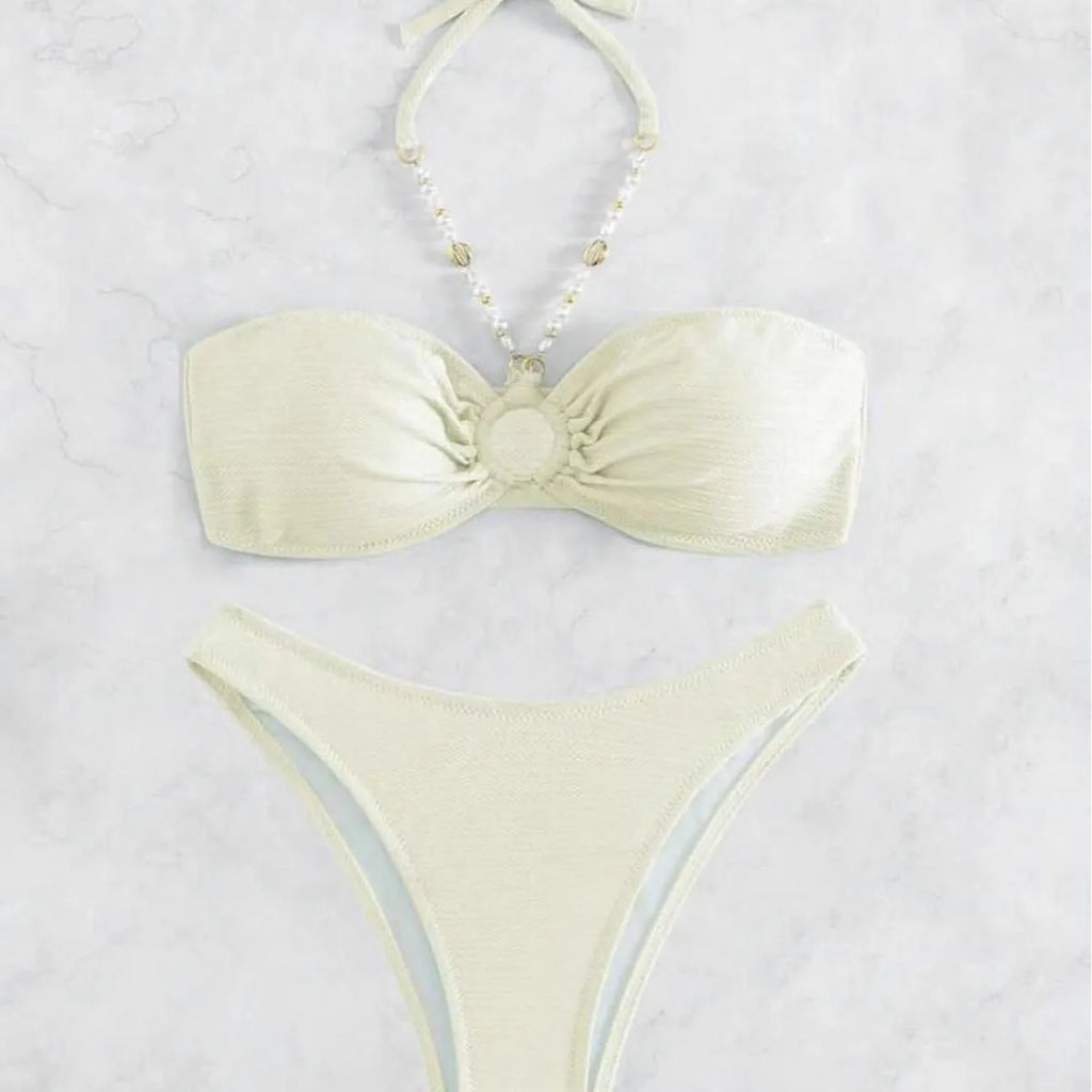 Women's halter top bikini set in solid colour with briefs bottoms for beach swimming