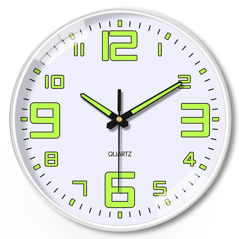 20cm diameter modern wall clock with luminous dial showing plastic construction and contemporary design