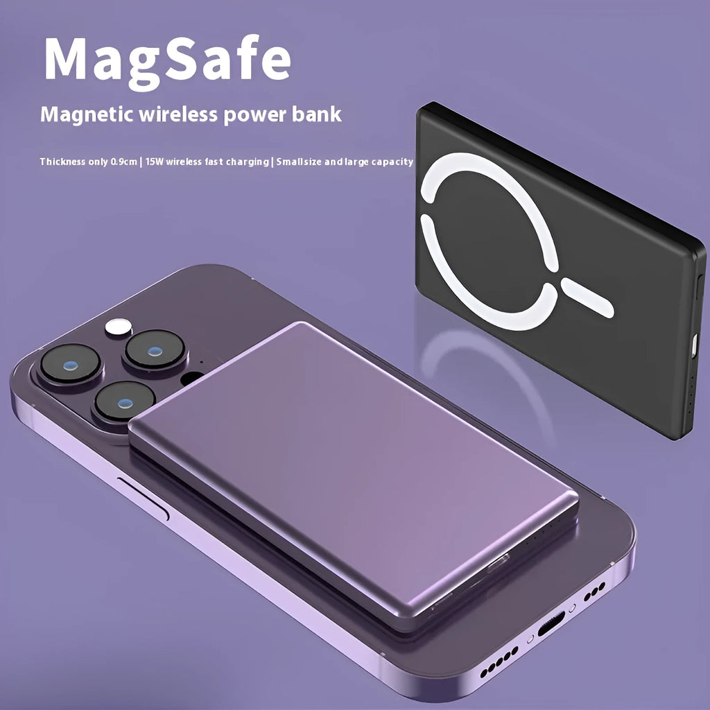 Ultra-thin magnetic power bank with alloy shell in black, dark gray, silver or violet colours