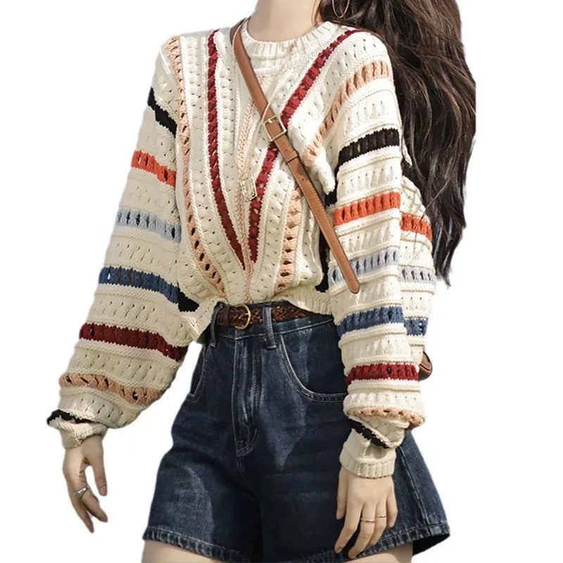 Rainbow striped hollow pattern sweater with batwing sleeves in loose Japanese Korean casual style