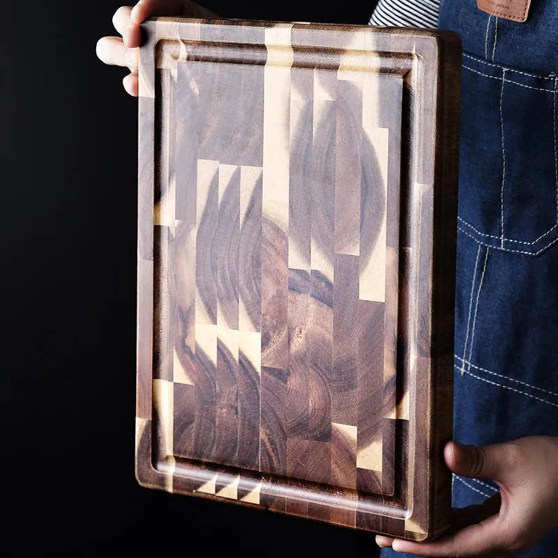 Brown acacia solid wood chopping board with parquet pattern, showing 3cm side thickness.