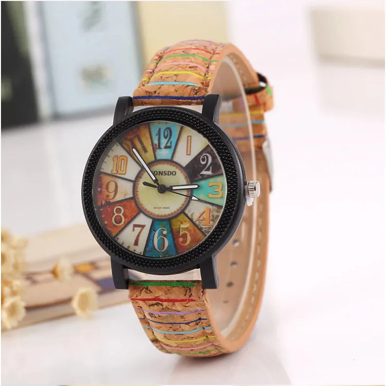 Women's vintage leather wrist watch with round 37mm dial and stainless steel buckle