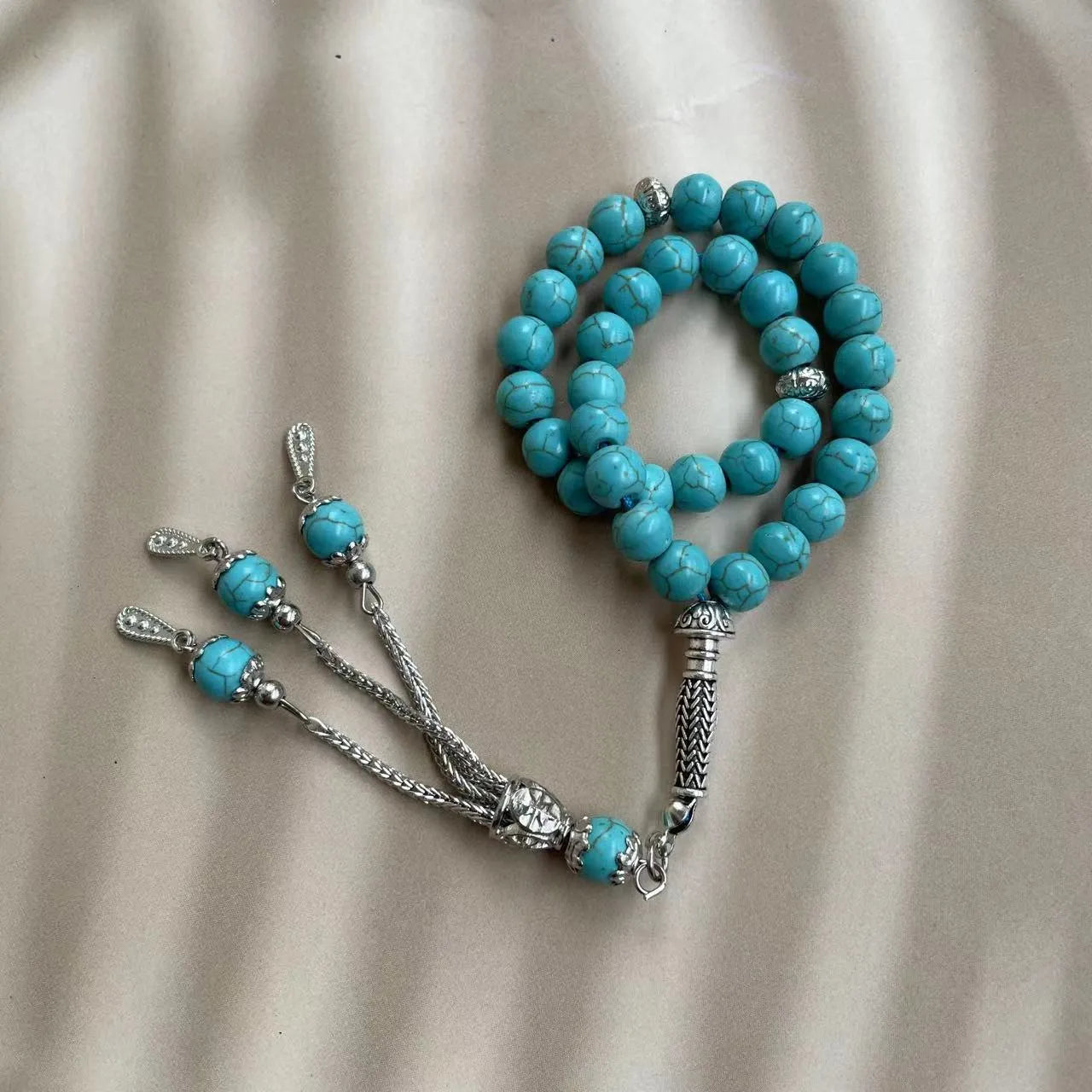 Sky blue stone Muslim prayer bracelet with 8mm beads on adjustable string