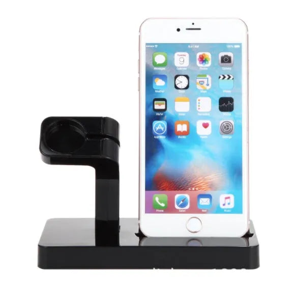 White 2-in-1 charging dock holding an iPhone and an Apple Watch upright on a desk.