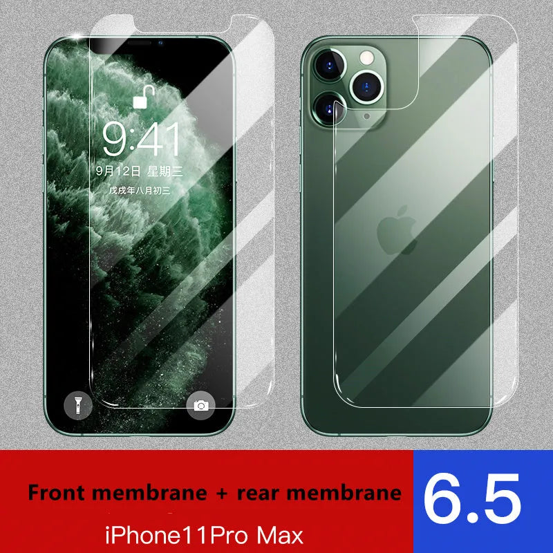 Apple iPhone tempered glass screen protector film for front and rear protection.