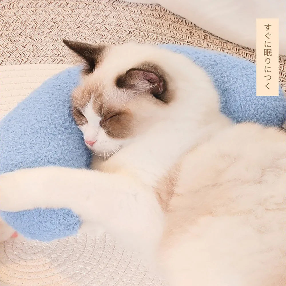 U-shaped cat pillow with adjustable collar in blue colour